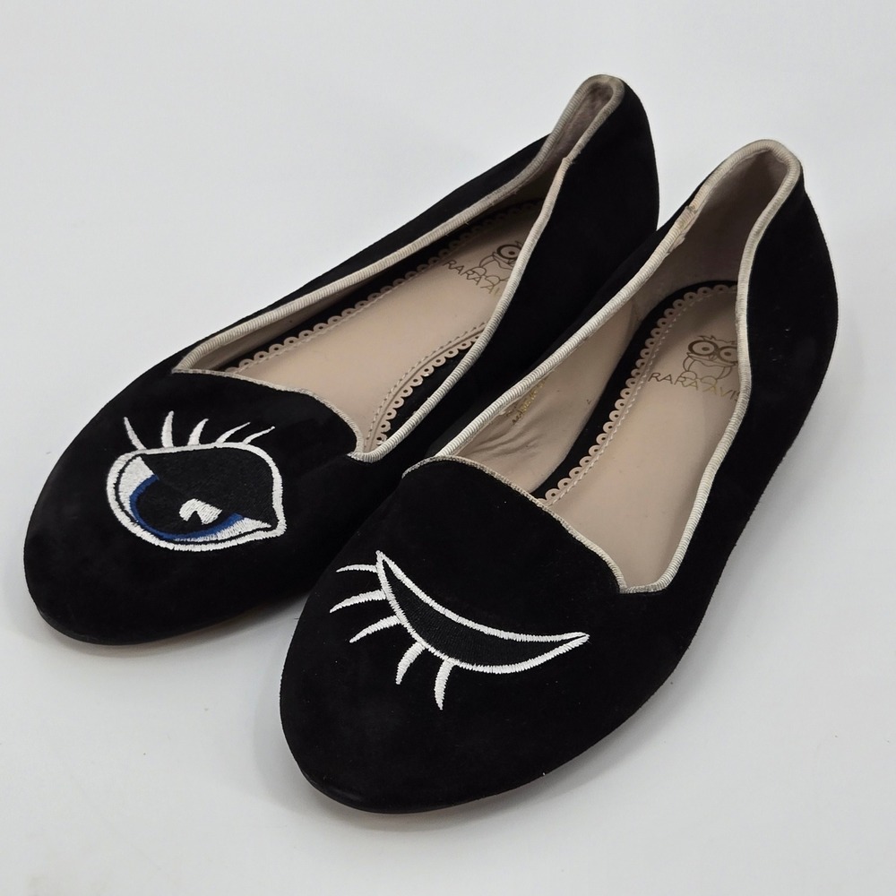 Rara Avis by Iris Apfel Black Suede Wink Smoking Loafers 7M EU 37.5